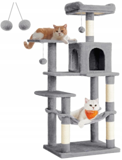 MAČACÍ ŠKRABIČ XXL VYSOKÝ 143CM 6 POROVNOVÝ DOM NA STROM HÚDACIE SIETE LED